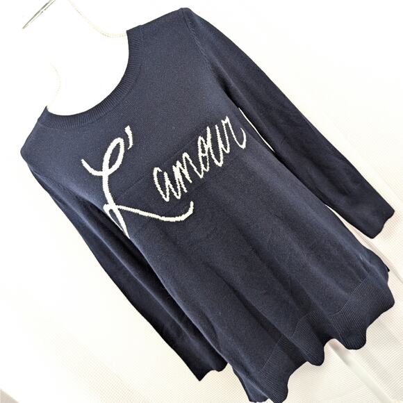 LOFT! DEEPEST NAVY BLUE LIGHTWEIGHT SWEATER, "L'AMOUR" KNIT GRAPHIC- CREAM! SZ M - Picture 8 of 8